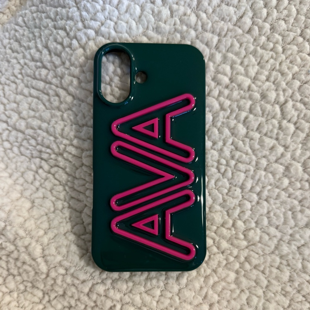 The cutest Bauble Bar phone case! Is such a pretty dark green with pink letters!